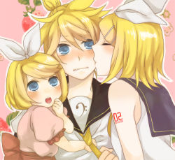 Rule 34 | 1boy, 2girls, blonde hair, blue eyes, blush, brother and sister, child, closed eyes, couple, family, food, fruit, hair ornament, hair ribbon, hairclip, hetero, if they mated, incest, kagamine len, kagamine rin, kiri (lwp01 lav), kiss, kissing cheek, multiple girls, necktie, necktie grab, neckwear grab, ribbon, short hair, siblings, strawberry, twincest, twins, vocaloid, yellow necktie