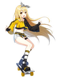 1girl :d belt black_gloves blonde_hair boots closers crop_top crop_top_overhang cutoffs drawstring fingerless_gloves floating_hair full_body gloves hair_ribbon highres hood hood_down kneehighs long_hair long_sleeves looking_at_viewer lucy_(closers) midriff navel official_art open_mouth ribbon short_shorts shorts simple_background skateboard smile socks solo stomach thigh_strap thighs two-tone_shirt undershirt very_long_hair white_background white_shorts white_socks wide_sleeves yellow_eyes