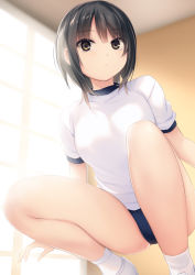 Rule 34 | 1girl, aoyama sumika, backlighting, black hair, blouse, blue buruma, blurry, blurry background, breasts, brown eyes, buruma, closed mouth, coffee-kizoku, commentary request, gym uniform, highres, indoors, looking at viewer, medium breasts, original, shirt, shoes, short hair, short sleeves, simple background, socks, solo, squatting, thighs, white shirt, white socks, window