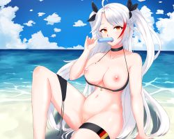 Rule 34 | 1girl, absurdres, anchor, arm at side, azur lane, bare shoulders, beach, bikini, black bikini, black choker, black ribbon, blue sky, blush, breasts, choker, cleavage, cloud, collarbone, commentary request, day, dripping, eating, eyebrows, eyebrows hidden by hair, fingernails, flag print, food, food in mouth, german flag, german flag bikini, hair between eyes, hand up, highres, holding, holding food, horizon, knee up, large breasts, long hair, looking at viewer, matmaj, melting, midriff, mole, mole on breast, multicolored hair, navel, nipples, ocean, open mouth, orange eyes, outdoors, popsicle, prinz eugen (azur lane), prinz eugen (unfading smile) (azur lane), pussy, ribbon, sand, side-tie bikini bottom, sidelocks, silver hair, sky, smile, solo, streaked hair, summer, swept bangs, swimsuit, thigh strap, tongue, tongue out, two side up, untied bikini, very long hair, water