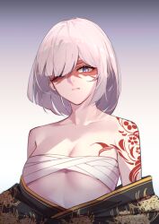 Rule 34 | 1girl, arm tattoo, bare arms, bare shoulders, black kimono, blue eyes, blunt bangs, bob cut, breast tattoo, breasts, budget sarashi, chest sarashi, cleavage, closed mouth, collarbone, commentary request, faicha, gradient background, hair over one eye, head tilt, japanese clothes, kimono, looking at viewer, medium hair, off shoulder, one eye closed, original, partially undressed, print kimono, sarashi, small breasts, solo, staring, swept bangs, tattoo, white hair