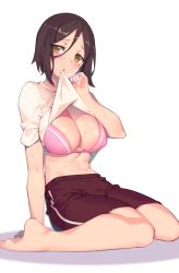 Rule 34 | 1girl, absurdres, black hair, blush, bra, breasts, brown eyes, clothes in mouth, clothes lift, dumbbell nan kilo moteru?, fiodo, gym shirt, gym shorts, gym uniform, hair between eyes, half-closed eyes, highres, large breasts, lifted by self, looking at viewer, mole, mole under eye, mouth hold, navel, open mouth, pink bra, shirt, shirt in mouth, shirt lift, short hair, shorts, simple background, sitting, solo, sweat, tachibana satomi, underwear, wariza, white background