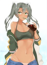 Rule 34 | 1girl, absurdres, blue background, blue pants, bra, breasts, camouflage, camouflage bra, cleavage, closed mouth, collarbone, commentary request, dated, drinking, drinking straw, enemy lifebuoy (kancolle), gradient background, green eyes, green jacket, grey hair, hair between eyes, highres, ibuki grunt, jacket, kantai collection, long hair, looking at viewer, navel, off shoulder, open clothes, open fly, open shirt, pants, shirt, small breasts, smile, solo, sports bra, tan, twintails, twitter username, two-tone sports bra, underwear, zuikaku (kancolle)