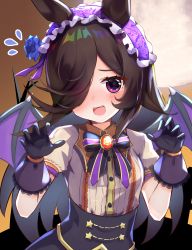 Rule 34 | 1girl, animal ears, bad id, bad pixiv id, black bow, black gloves, black skirt, blue flower, blue rose, bow, brooch, brown hair, claw pose, collared shirt, commentary request, demon wings, flower, flying sweatdrops, frilled hairband, frills, full moon, gloves, hair over one eye, hairband, halloween, hands up, highres, horse ears, jewelry, lace, lace-trimmed gloves, lace trim, long hair, meyamu, moon, official alternate costume, puffy short sleeves, puffy sleeves, purple eyes, purple hairband, purple wings, rice shower (make up vampire!) (umamusume), rice shower (umamusume), rose, shirt, short sleeves, skirt, solo, striped, striped bow, umamusume, very long hair, white shirt, wings