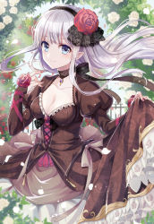 Rule 34 | 1girl, black ribbon, blue eyes, bow, breasts, bridal gauntlets, choker, cleavage, collarbone, commentary request, cowboy shot, cross-laced clothes, day, dress, fingernails, flower, frilled hairband, frills, hair flower, hair ornament, hairband, jewelry, juliet sleeves, lolita fashion, long hair, long sleeves, looking at viewer, medium breasts, mono lith, nail polish, necklace, original, outdoors, overskirt, pointy ears, puffy sleeves, railing, red flower, red nails, red rose, revision, ribbon, ribbon choker, rose, skirt hold, smile, solo, standing, white flower, white hair, white ribbon, white rose