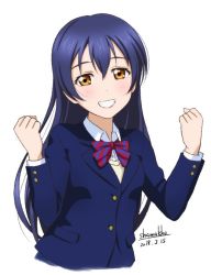 Rule 34 | 1girl, arms up, blazer, blue hair, blush, bow, bowtie, commentary request, ganbaru pose, hair between eyes, jacket, long hair, long sleeves, looking at viewer, love live!, love live! school idol project, open mouth, otonokizaka school uniform, red bow, red bowtie, school uniform, shamakho, simple background, smile, solo, sonoda umi, striped bow, striped bowtie, striped clothes, striped neckwear, upper body, white background, yellow eyes