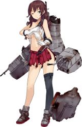 Rule 34 | 10s, 1girl, braid, breasts, brown hair, cannon, covering privates, covering breasts, full body, gloves, green eyes, kantai collection, konishi (koconatu), looking at viewer, medium breasts, noshiro (kancolle), official art, personification, shirt, single thighhigh, skirt, solo, thighhighs, torn clothes, torn shirt, torn skirt, torn thighhighs, transparent background, twin braids, underboob, weapon