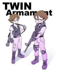 Rule 34 | 2boys, assault rifle, brothers, brown hair, english text, fingerless gloves, glasses, gloves, gun, highres, inazuma eleven, inazuma eleven (series), knee pads, m4 carbine, male focus, megane kakeru, megane kazuto, multiple boys, rifle, short hair, siblings, sumishiba (pixiv), tongue, tongue out, twins, uniform, vest, weapon
