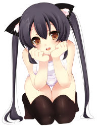 Rule 34 | 1girl, animal ears, black hair, black thighhighs, brown eyes, cat ears, full body, hair between eyes, hand on own cheek, hand on own face, k-on!, long hair, nakano azusa, one-piece swimsuit, open mouth, school swimsuit, simple background, sitting, solo, swimsuit, thighhighs, twintails, white background, white one-piece swimsuit, white school swimsuit, yukiji shia