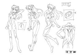 Rule 34 | 1girl, absurdres, character name, character sheet, curvy, from side, full body, greyscale, highres, interface headset, jumping, monochrome, multiple views, neon genesis evangelion, official art, plugsuit, production art, retro artstyle, sadamoto yoshiyuki, simple background, smile, souryuu asuka langley, white background, wide hips, zip available
