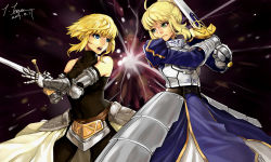 Rule 34 | 2014, 2girls, absurdres, ahoge, armor, armored dress, artoria pendragon (all), artoria pendragon (fate), blonde hair, blue eyes, dated, excalibur (fate/stay night), fate/apocrypha, fate/stay night, fate (series), faulds, gauntlets, green eyes, hair ribbon, highres, jeanne d&#039;arc (fate), jeanne d&#039;arc (ruler) (fate), juliet sleeves, kyouki no kimi, long sleeves, multiple girls, puffy sleeves, ribbon, saber (fate), sidelocks, signature, sleeveless, sleeveless turtleneck, sword, turtleneck, weapon