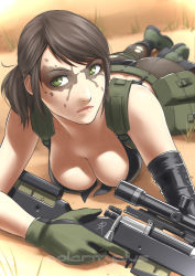 Rule 34 | 1girl, artist name, ass, belt, bikini, black bikini, blurry, boots, breasts, brown hair, cleavage, depth of field, facial mark, gloves, gradient background, grass, green eyes, gun, looking at viewer, lying, metal gear (series), metal gear solid v: the phantom pain, on stomach, pantyhose, perspective, polarityplus, quiet (metal gear), rifle, sniper rifle, solo, suspenders, swimsuit, torn clothes, torn pantyhose, utility belt, watermark, weapon