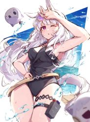 Rule 34 | 1girl, animal ears, black one-piece swimsuit, blunt bangs, breasts, casual one-piece swimsuit, eyewear on head, gold ship (run revolt launcher) (umamusume), gold ship (umamusume), grey hair, highres, horse ears, horse girl, horse tail, large breasts, long hair, looking at viewer, misoni (mi so ni t), official alternate costume, one-piece swimsuit, open mouth, pouch, purple eyes, solo, sunglasses, swimsuit, tail, thigh pouch, umamusume