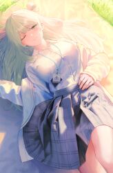 Rule 34 | 1girl, absurdres, blonde hair, blue archive, blush, breasts, closed mouth, collared shirt, commentary, grass, green eyes, hair bun, halo, highres, id card, koseikogani, lanyard, large breasts, long hair, long sleeves, looking at viewer, lying, nonomi (blue archive), on back, one eye closed, plaid, plaid skirt, pleated skirt, school uniform, shirt, single side bun, skirt, solo, white shirt