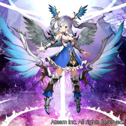 Rule 34 | 1girl, armor, aura, bare shoulders, blue eyes, boots, breasts, closed mouth, gaou (umaiyo puyoman), greaves, head wings, looking at viewer, medium breasts, official art, purple hair, radgrid, solo, standing, twintails, valkyrie connect, watermark, wings