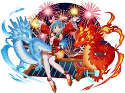 Rule 34 | 1girl, android, armpits, arms up, blue eyes, blue hair, breasts, chinese clothes, detached sleeves, dragon, dragon horns, dress, eastern dragon, fireworks, frills, full body, gloves, hair ornament, high heels, highres, horns, medium breasts, mega man (series), mega man x (series), mega man x dive, mizuno keisuke, necktie, official art, open mouth, rico (mega man), robot ears, shiny skin, short dress, shorts, simple background, sitting, smile, solo, thighhighs, thighs, transparent background, white gloves, wide sleeves