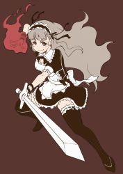 Rule 34 | 1girl, alternate costume, apron, black footwear, black thighhighs, blunt bangs, breasts, brown background, brown hair, dress, enmaided, fire, holding, holding sword, holding weapon, idolmaster, idolmaster cinderella girls, kamiya nao, long hair, looking at viewer, maid, maid apron, maid headdress, medium breasts, puffy short sleeves, puffy sleeves, red eyes, satomura kyou, short dress, short sleeves, simple background, smile, solo, sword, thick eyebrows, thighhighs, weapon, wrist cuffs, zettai ryouiki