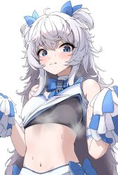 Rule 34 | absurdres, black sports bra, blue bow, blue bowtie, blue eyes, blue ribbon, blue skirt, blush, bow, bowtie, breasts, cheerleader, goddess of victory: nikke, hair ribbon, highres, kaboten, long hair, looking at viewer, navel, official alternate costume, poli (cheer up police) (nikke), poli (nikke), pom pom (cheerleading), ribbon, short twintails, sidelocks, skirt, small breasts, sports bra, steaming body, sweat, twintails, two-tone skirt, very long hair, wavy hair, white hair, white skirt