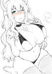 Rule 34 | 10s, 1girl, bare shoulders, barefoot, bikini, blush, breasts, cleavage, cum, green eyes, hai ookami, highres, horns, huge breasts, invisible penis, kobayashi-san chi no maidragon, long hair, monochrome, navel, one eye closed, paizuri, lucoa (maidragon), simple background, solo, swimsuit, thighs, white background, wince, yellow eyes