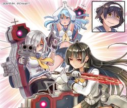 Rule 34 | 4girls, adapted turret, black hair, black legwear, blue eyes, blue hair, blue sailor collar, breasts, cannon, chiwa (chiwa0617), commentary request, cowboy shot, double bun, elbow gloves, emphasis lines, fish, gloves, grey skirt, gundam, hair bun, hair ornament, hair over one eye, hair ribbon, hairband, hairclip, hamakaze (kancolle), hat, highres, inset, isokaze (kancolle), kantai collection, large breasts, left out, long hair, long sleeves, machinery, midriff, multiple girls, navel, neckerchief, pleated skirt, red eyes, ribbon, sailor collar, sailor hat, saury, school uniform, serafuku, shaded face, short hair, silver hair, skirt, sleeves rolled up, tanikaze (kancolle), trembling, tress ribbon, turret, urakaze (kancolle), white gloves, white hairband, white headwear, yellow neckerchief