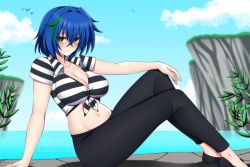 Rule 34 | 1girl, arm rest, arm support, bird, black footwear, black pants, blue hair, blue sky, breasts, cleavage, cliff, cloud, collarbone, commentary, commission, english commentary, female focus, front-tie top, green hair, hair between eyes, hair intakes, high school dxd, large breasts, lindaroze, looking at viewer, multicolored hair, navel, ocean, outdoors, pants, plant, shirt, shoes, short sleeves, sitting, sky, solo, striped clothes, striped shirt, tight clothes, tight pants, two-tone hair, xenovia quarta, yellow eyes