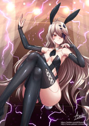 Rule 34 | 1girl, adsouto, ahoge, android, animal ears, blonde hair, boots, breasts, crossed legs, detached collar, detached sleeves, eyepatch, fake animal ears, frown, highres, leotard, long hair, medium breasts, nemesis (tower of fantasy), nontraditional playboy bunny, playboy bunny, red eyes, signature, solo, strapless, strapless leotard, thigh boots, tower of fantasy, very long hair