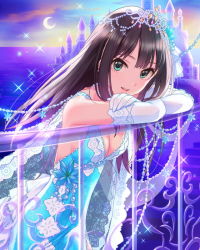 Rule 34 | 10s, 1girl, beach, breasts, brown hair, castle, cleavage, crescent moon, dress, dusk, elbow gloves, frills, glitter, gloves, green eyes, idolmaster, idolmaster cinderella girls, jewelry, lace, leaning forward, long hair, looking at viewer, lots of jewelry, moon, official art, shibuya rin, sky, solo