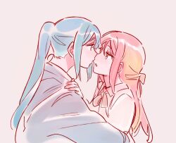 Rule 34 | 2girls, blue hair, collared shirt, commentary request, grey sweater, hand on another&#039;s shoulder, hug, imminent kiss, korean commentary, long hair, love live!, love live! sunshine!!, matsuura kanan, multiple girls, neck ribbon, noses touching, one eye closed, parted lips, pink background, pito (sh02327), ponytail, red hair, ribbon, sakurauchi riko, shirt, simple background, sweater, upper body, white shirt, yuri