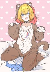 Rule 34 | 1girl, absurdres, aircraft, airplane, animal ears, animal hood, azur lane, barefoot, bataan (azur lane), bataan (comfy cotton jammies) (azur lane), bed sheet, blonde hair, blue eyes, blush, bu4321, buttons, cat pajamas, collarbone, commentary, f6f hellcat, fake animal ears, fake tail, fang, hair between eyes, heart, highres, hood, hooded pajamas, long sleeves, looking at viewer, open mouth, pajamas, paw pose, shirt, short hair, sitting, skin fang, sleeves past wrists, solo, t-shirt, tail, unbuttoned, wariza