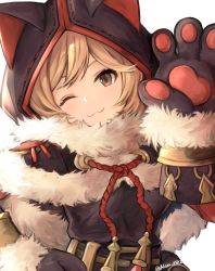 Rule 34 | 1girl, ;3, alisia0812, animal hands, animal hood, black capelet, black shirt, blonde hair, brown eyes, capelet, cat hood, closed mouth, commentary request, cosplay, djeeta (granblue fantasy), fur trim, gloves, granblue fantasy, hand on own hip, hand up, highres, hood, kuronekodoushi (cosplay), looking at viewer, nekomancer (granblue fantasy), one eye closed, paw gloves, rope, shirt, simple background, smile, solo, standing, twitter username, upper body, white background