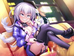 Rule 34 | 1girl, alternate costume, asahi, ass, black panties, blue eyes, blush, breasts, censored, cleavage, creature, demon girl, dress, erection, fangs, femdom, game cg, glasses, grin, hat, large breasts, lilith-soft, long hair, looking at penis, miriam (taimanin asagi), naughty face, panties, penis, pointer, pointy ears, shiny skin, smile, standing, taimanin (series), taimanin rpgx, teacher, underwear, very long hair, white hair
