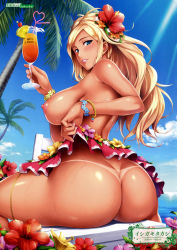 Rule 34 | 1girl, absurdres, ass, beasts, blonde hair, butt crack, chair, clothes lift, copyright request, drinking glass, highres, hurricane glass, ishigaki takashi, looking at viewer, lounge chair, nipples, no panties, palm tree, skirt, skirt lift, tan, tanline, topless, tree