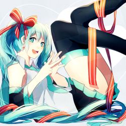 Rule 34 | 1girl, achiki, bad id, bad pixiv id, detached sleeves, earrings, green eyes, green hair, hatsune miku, jewelry, long hair, matching hair/eyes, necktie, open mouth, skirt, solo, thighhighs, very long hair, vocaloid