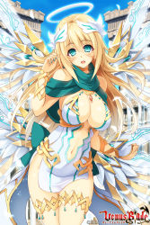 Rule 34 | 1girl, angel, aqua nails, bare shoulders, blonde hair, blush, breasts, center opening, cleavage, copyright name, female focus, green eyes, halo, highres, hisen kaede, kikyou-0423, large breasts, long hair, looking at viewer, nail polish, navel, official art, open mouth, solo, thigh strap, venus blade, wings