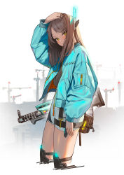 Rule 34 | 1girl, absurdres, arm at side, arm up, blue jacket, blush, brown hair, closed mouth, clothes writing, commentary, cowboy shot, cropped legs, dong ji, english commentary, gun, hand on own head, headgear, highres, jacket, long hair, long sleeves, looking at viewer, open clothes, open jacket, original, puffy long sleeves, puffy sleeves, rifle, shorts, solo, weapon, white shorts, yellow eyes