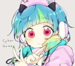 Rule 34 | 1girl, between fingers, blue hair, blunt bangs, card, card between fingers, closed mouth, commentary request, controller, drawstring, eyeshadow, facial mark, game controller, green eyeshadow, green hair, green nails, grey background, hands up, headphones, high collar, holding, holding card, idol clothes, looking at viewer, makeup, multicolored hair, nail polish, omega auru, omega auru (primagista), pink eyes, pretty series, short hair, simple background, solo, streaked hair, upper body, v, waccha primagi!, yunomikuchi
