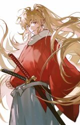 Rule 34 | 1boy, brown hair, closed mouth, floating hair, gintama, highres, japanese clothes, katana, long hair, long sleeves, looking at viewer, maosen, okita sougo, ponytail, red eyes, red shirt, shirt, simple background, sleeves past wrists, smile, solo, standing, sword, traditional clothes, very long hair, weapon, white background
