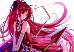 Rule 34 | 10s, 1girl, aged up, bare shoulders, bow, breasts, hair bow, jewelry, large breasts, long hair, magical girl, mahou shoujo madoka magica, mahou shoujo madoka magica (anime), pendant, petals, polearm, ponytail, red eyes, red hair, revision, ryuuzaki ichi, sad, sakura kyoko, solo, v arms, very long hair, weapon