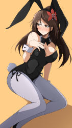 Rule 34 | 1girl, alternate costume, amagi (kancolle), animal ears, black leotard, black neckwear, blush, breasts, brown eyes, brown hair, cleavage, detached collar, fake animal ears, flower, flying sweatdrops, grey pantyhose, hair between eyes, hair flower, hair ornament, hand on own chest, highres, kantai collection, large breasts, leotard, long hair, nel-c, open mouth, orange background, pantyhose, playboy bunny, ponytail, rabbit ears, rabbit tail, shadow, simple background, sitting, solo, tail, wrist cuffs