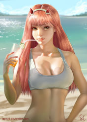 Rule 34 | 10s, 1girl, beach, bikini, blue sky, breasts, cleavage, cup, darling in the franxx, day, drinking straw, green eyes, horns, lake, long hair, looking at viewer, medium breasts, navel, outdoors, pink hair, raphire, realistic, sky, solo, swimsuit, upper body, zero two (darling in the franxx)