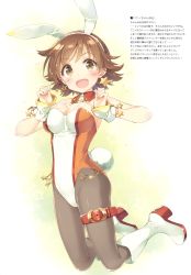 Rule 34 | 1girl, absurdres, animal ears, bare shoulders, blush, boots, breasts, brown hair, cleavage, detached collar, earrings, fake animal ears, full body, gradient background, hands up, high heel boots, high heels, highres, honda mio, idolmaster, idolmaster cinderella girls, jewelry, kani biimu, leotard, looking at viewer, medium breasts, open mouth, pantyhose, playboy bunny, rabbit ears, rabbit tail, scan, shiny clothes, shiny skin, short hair, simple background, solo, star (symbol), star earrings, strapless, strapless leotard, tail, thigh strap, white footwear, wrist cuffs