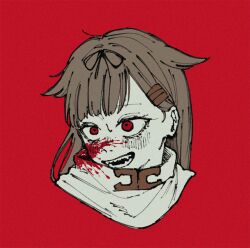 Rule 34 | 1girl, blood, blood on clothes, blood on face, blush, brown hair, cropped shoulders, fangs, hair flaps, hair ornament, hair ribbon, hairclip, kantai collection, open mouth, portrait, red background, red eyes, ribbon, scarf, simple background, solo, sumoffu, sweat, yuudachi (kancolle), yuudachi kai ni (kancolle)