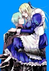 Rule 34 | 1boy, 1girl, alternate costume, apron, armor, blonde hair, blue background, blue dress, blush, bow, breasts, byleth (fire emblem), byleth (male) (fire emblem), cape, carrying, dagger, dimitri alexandre blaiddyd, dress, enmaided, fire emblem, fire emblem: three houses, from side, full body, genderswap, genderswap (mtf), green eyes, green hair, highres, knife, long hair, looking at another, maid, maid apron, maid headdress, nintendo, open mouth, rin futon, sheath, sheathed, simple background, weapon, yellow eyes