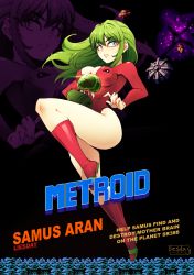 Rule 34 | 1girl, alien, arm cannon, blue eyes, boots, breasts, character name, cleavage, green hair, highres, jumping, justin bailey, legs, leotard, long hair, metroid, metroid (classic), metroid (creature), nintendo, running, samus aran, sidelocks, space station, thighs, title, weapon