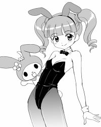 Rule 34 | 00s, 1girl, animal ears, aoyama reo, bare shoulders, blush, bow, bowtie, breasts, cleavage, drill hair, fake animal ears, flat chest, greyscale, hairband, highleg, leotard, lowres, medium breasts, monochrome, my melody, onegai my melody, pantyhose, playboy bunny, pointing, rabbit ears, rabbit tail, sanrio, short twintails, smile, solo, tail, twin drills, twintails, wrist cuffs, yumeno uta