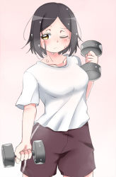 Rule 34 | bad id, bad pixiv id, brown hair, commentary request, dumbbell, dumbbell nan kilo moteru?, exercising, huckt, mole, mole under eye, one eye closed, shirt, short hair, shorts, solo, sweat, tachibana satomi, weightlifting, yellow eyes