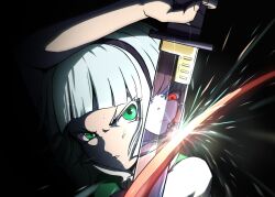 Rule 34 | 2girls, black background, black hairband, closed mouth, commentary, green eyes, grey hair, hairband, hakurei reimu, highres, holding, holding sword, holding weapon, konpaku youmu, multiple girls, parted lips, pepelonthi, red eyes, reflection, short hair, simple background, sword, touhou, upper body, weapon
