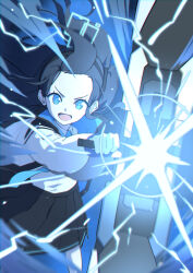 Rule 34 | 1girl, aris (blue archive), black hair, black hairband, black skirt, blue archive, blue eyes, blue necktie, collared shirt, electricity, glowing, hairband, highres, holding, holding weapon, jacket, long hair, long sleeves, looking at viewer, necktie, one side up, open clothes, open jacket, open mouth, pleated skirt, railgun, shirt, skirt, solo, ubo (dbsgurdbsk), very long hair, weapon, white shirt, wind
