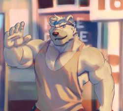 Rule 34 | 1boy, :d, absurdres, animal ears, bandaid, bandaid on face, bandaid on nose, bara, bare arms, bare shoulders, bear boy, bear ears, ben (rollingstonex6), blurry, blurry background, borrowed character, ep06, furry, furry male, headband, highres, large pectorals, looking at viewer, male focus, muscular, muscular male, open mouth, original, pectoral cleavage, pectorals, short hair, sidepec, smile, solo, tank top, thick eyebrows, upper body, waving, white fur, white hair, yellow tank top