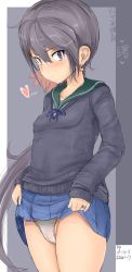 Rule 34 | 1girl, absurdres, akebono (kancolle), blue skirt, blush, breasts, closed mouth, clothes lift, earrings, gradient background, grey background, hair between eyes, heart, highres, jewelry, kantai collection, lifted by self, long hair, long sleeves, looking at viewer, miniskirt, okiraku nikku, one-hour drawing challenge, panties, purple eyes, purple hair, ring, school uniform, serafuku, simple background, skirt, small breasts, solo, sweater, underwear, wedding ring, white panties